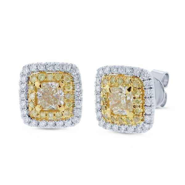 1.00ct Cushion Cut Center And 0.47ct Side 14k Two-tone Gold Natural Yellow Diamond Earrings