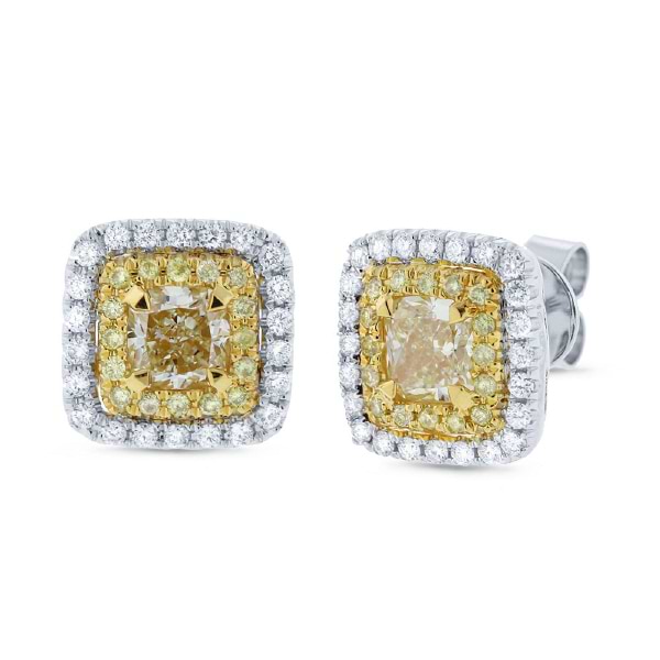 1.05ct Cushion Cut Center And 0.48ct Side 14k Two-tone Gold Natural Yellow Diamond Earrings