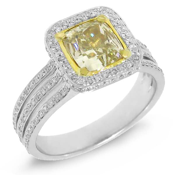 1.57ct Cushion Cut Center and 0.46ct Side 14k Two-tone Gold GIA Certified Natural Green Diamond Ring