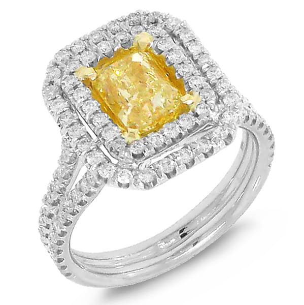 1.50ct Radiant Cut Center and 0.80ct Side 14k Two-tone Gold EGL Certified Natural Yellow Diamond Ring