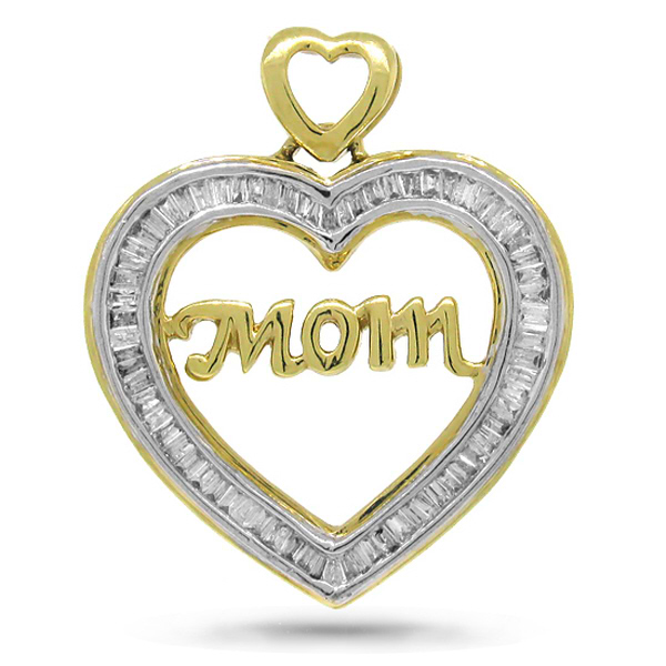 0.50ct 14k Yellow Gold Diamond "mom" Heart Pendant Necklace