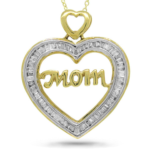 0.50ct 14k Yellow Gold Diamond ''mom'' Heart Pendant Necklace