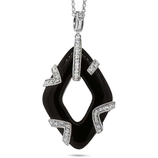14k White Gold Diamond & Onyx Pendant Necklace