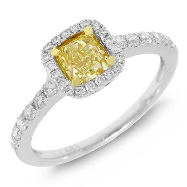 0.71ct Cushion Cet Center and 0.39ct Side 14k Two-tone Gold Natural Yellow Diamond Ring