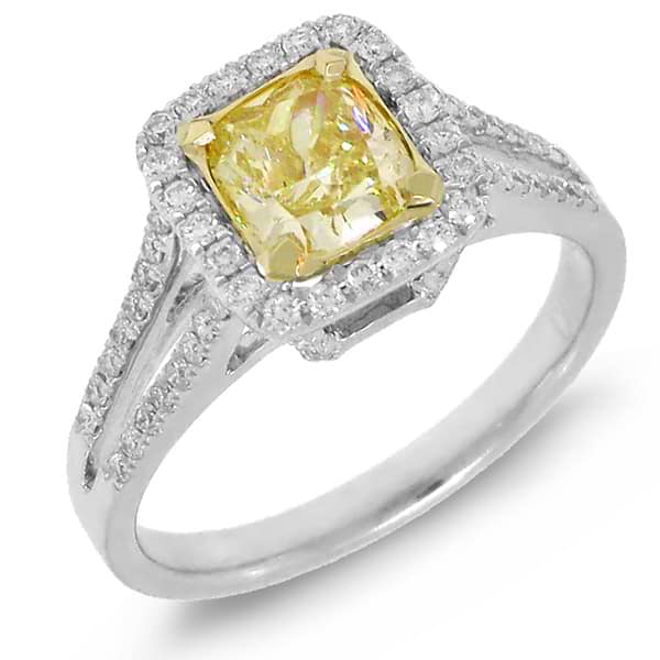 0.90ct Cushion Cut Center and 0.46ct Side 14k Two-tone Gold EGL Certified Natural Yellow Diamond Ring