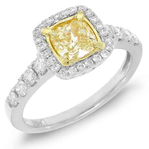 1.25ct Cushion Cut Center and 0.48ct Side 14k Two-tone Gold EGL Certified Natural Yellow Diamond Ring