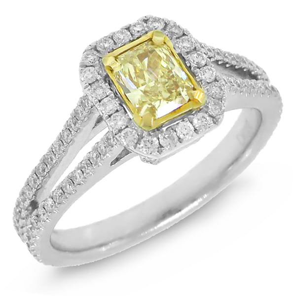 0.47ct Radiant Cut Center and 0.54ct Side 14k Two-tone Gold Natural Yellow Diamond Ring
