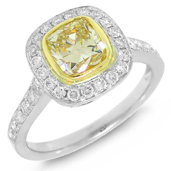 1.29ct Cushion Cut Center and 0.50ct Side 14k Two-tone Gold Natural Yellow Diamond Ring