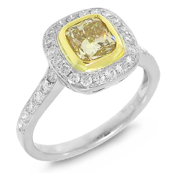 1.19ct Cushion Cut Center and 0.50ct Side 14k Two-tone Gold Natural Yellow Diamond Ring