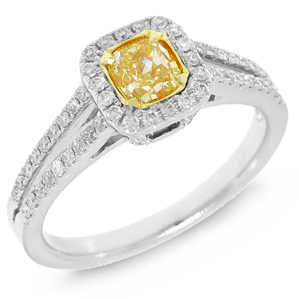 0.84ct 14k Two-tone Gold Cushion Cut Natural Fancy Yellow Diamond Ring
