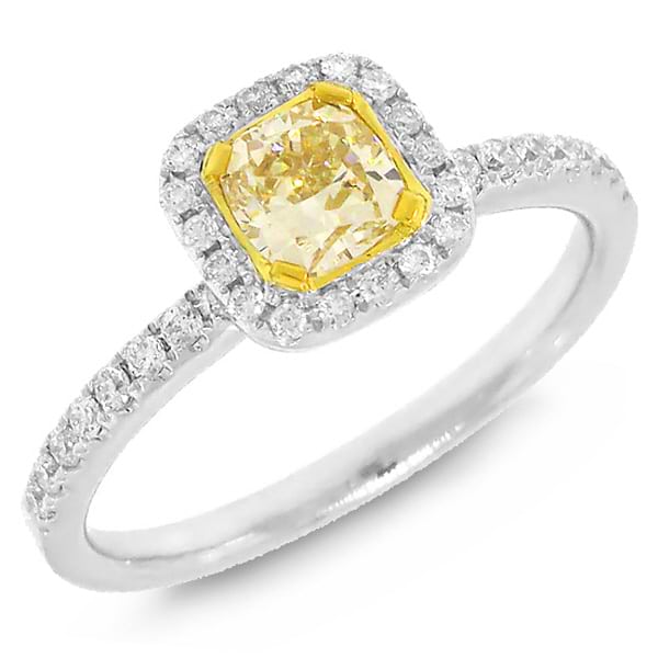 0.58ct Cushion Cut Center and 0.22ct Side 14k Two-tone Gold Natural Yellow Diamond Ring