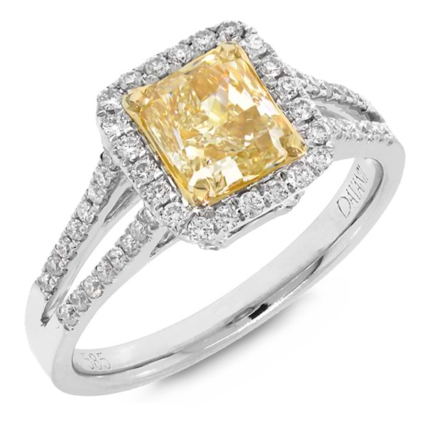 1.50ct Radiant Cut Center and 0.46ct Side 14k Two-tone Gold EGL Certified Natural Yellow Diamond Ring
