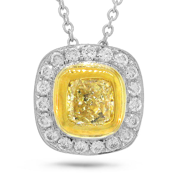 0.51ct Cushion Cut Center And 0.17ct Side 14k Two-tone Gold Natural Yellow Diamond Pendant Necklace