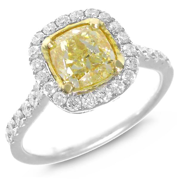 2.00ct Cushion Cut Center and 0.57ct Side 18k Two-tone Gold EGL Certified Natural Yellow Diamond Ring