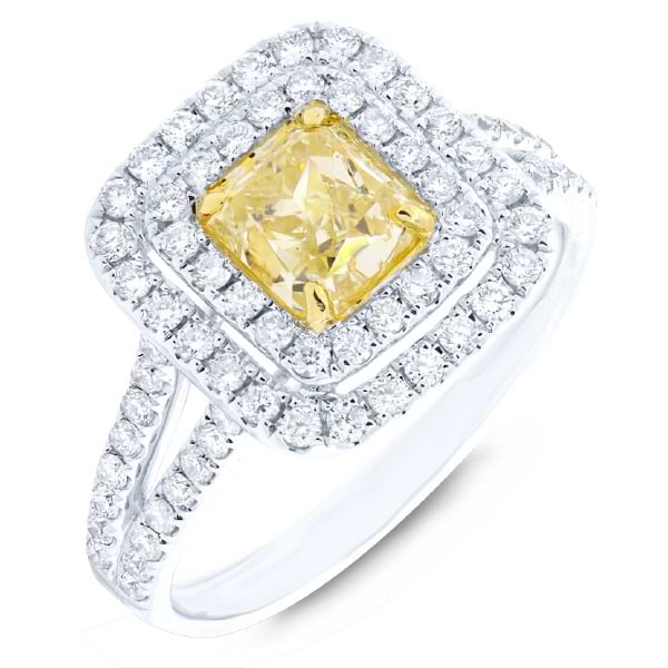 1.32ct Radiant Cut Center and 0.66ct Side 18k Two-tone Gold Natural Yellow Diamond Ring
