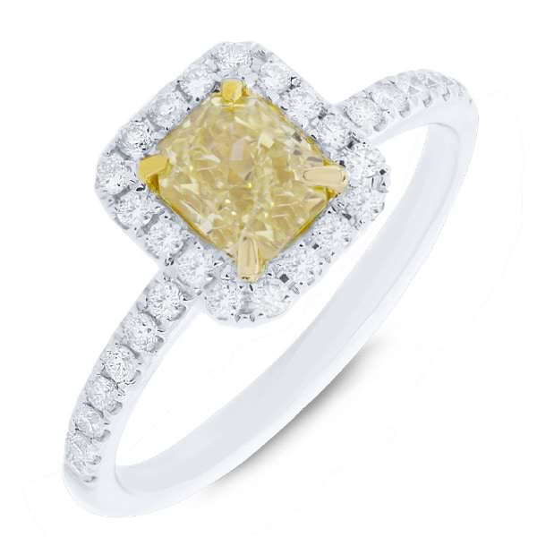 1.03ct Radiant Cut Center and 0.35ct Side 18k Two-tone Gold Natural Yellow Diamond Ring