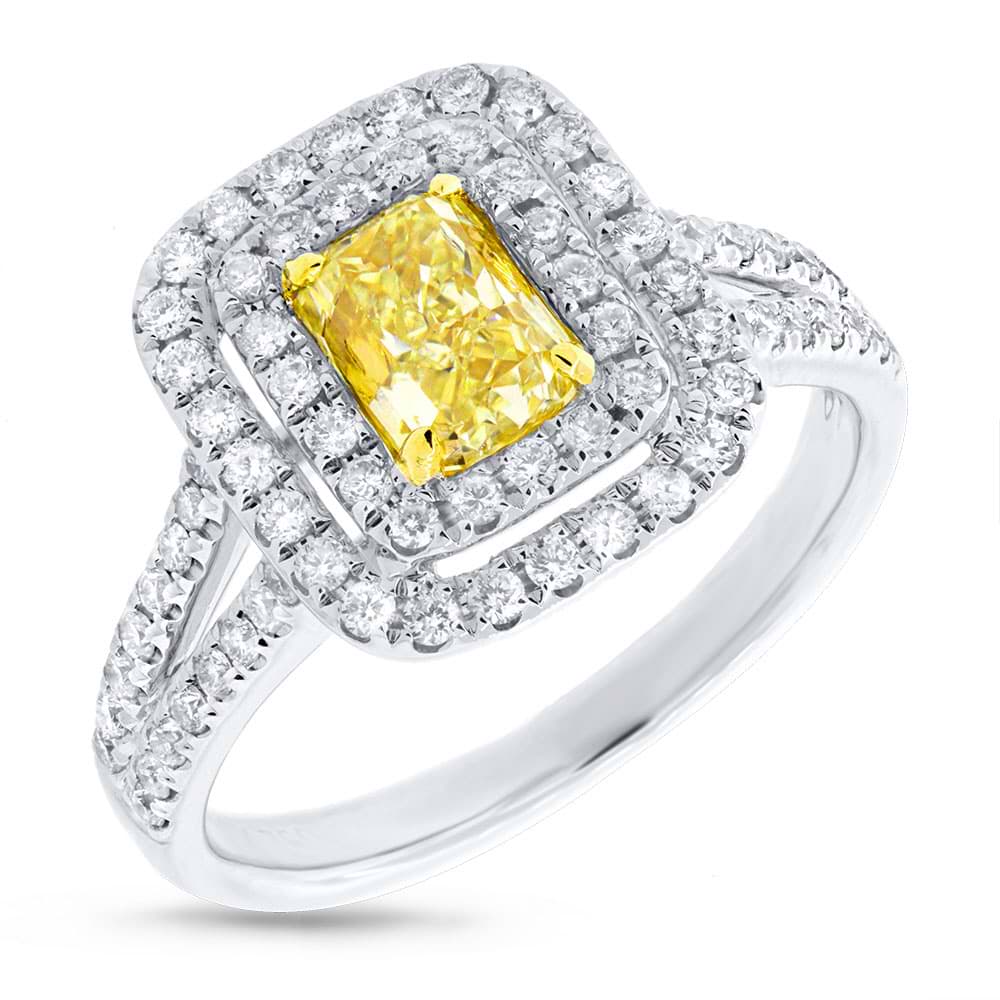 1.13ct Radiant Cut Center and 0.58ct Side 18k Two-tone Gold Natural Yellow Diamond Ring
