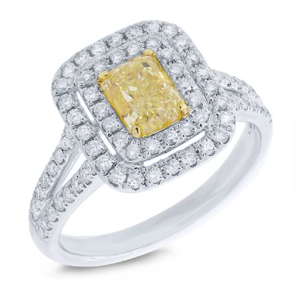 1.32ct Radiant Cut Center and 0.58ct Side GIA Certified 18k Two-tone Gold Natural Yellow Diamond Ring