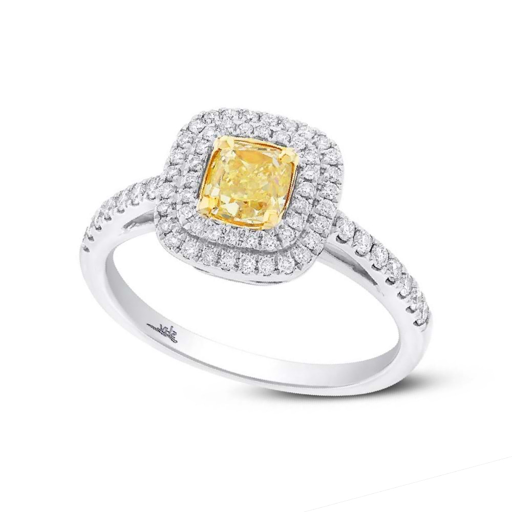 0.72ct Cushion Cut Center and 0.35ct Side 14k Two-tone Gold Natural Yellow Diamond Ring