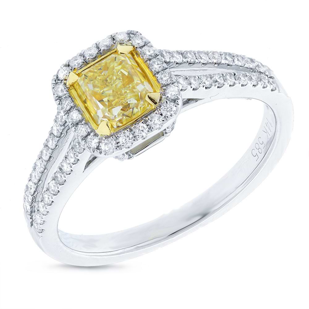 0.91ct Radiant Cut Center and 0.33ct Side 14k Two-tone Gold Natural Yellow Diamond Ring