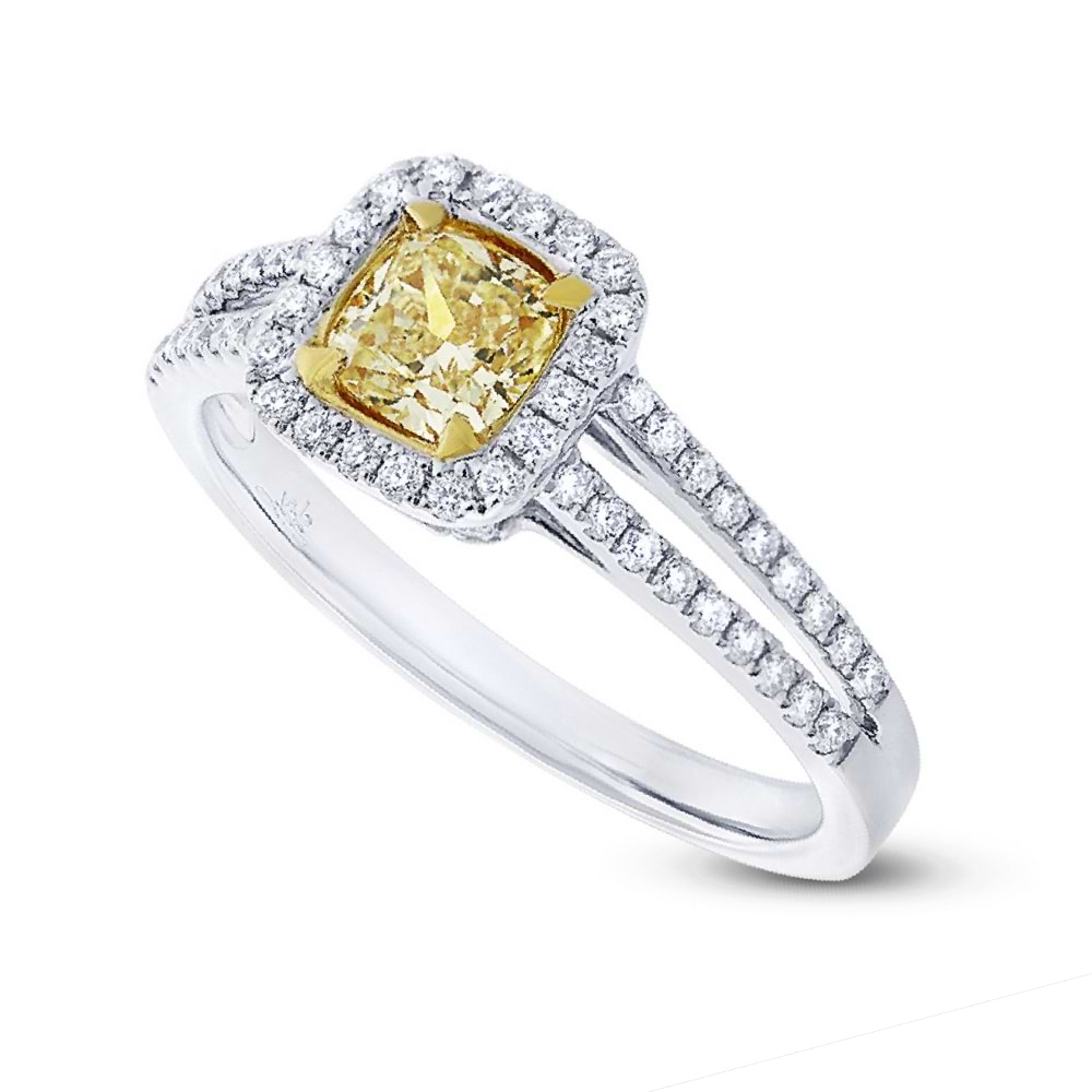 0.59ct Cushion Cut Center and 0.33ct Side 18k Two-tone Gold Natural Yellow Diamond Ring