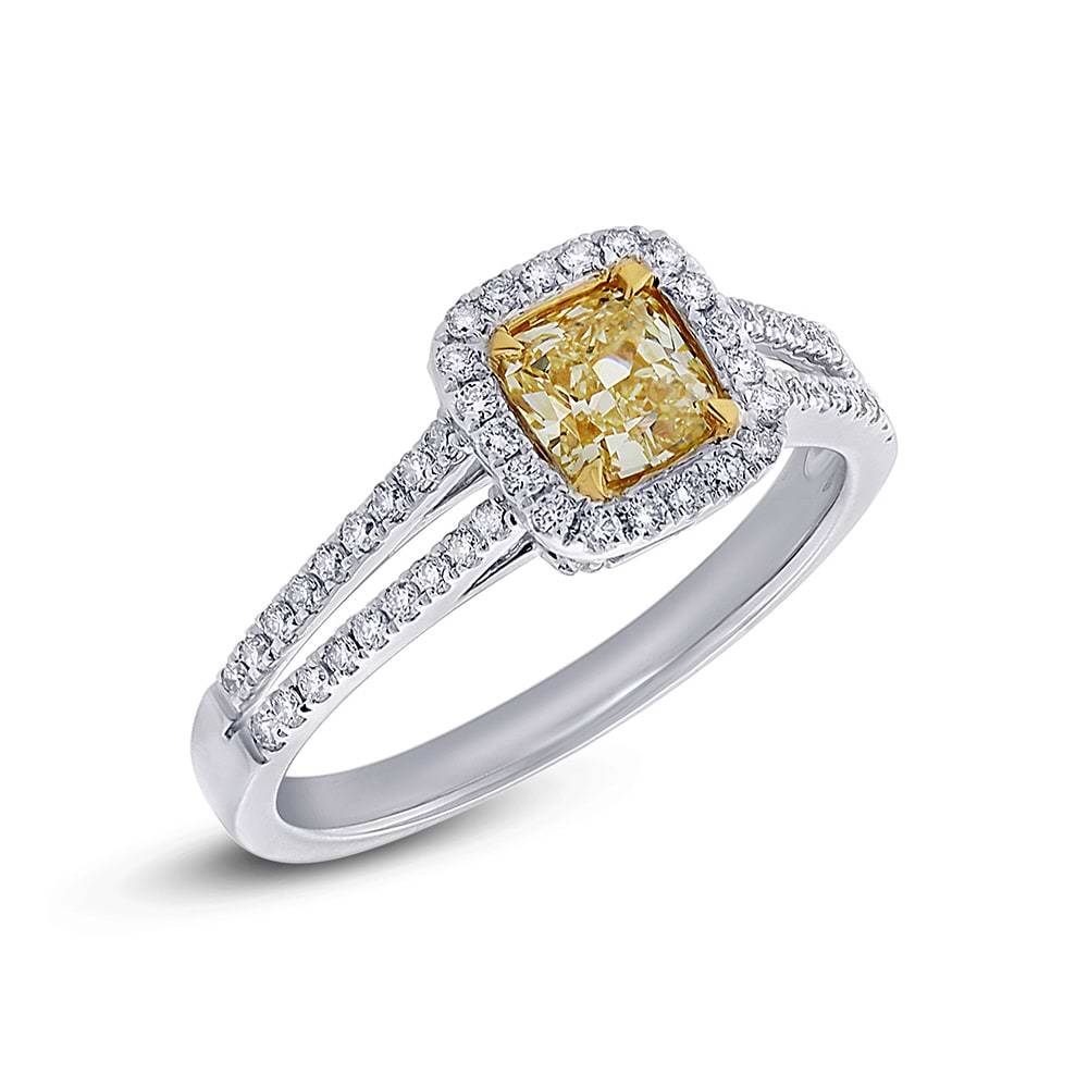 0.72ct Cushion Cut Center and 0.33ct Side 18k Two-tone Gold Natural Yellow Diamond Ring