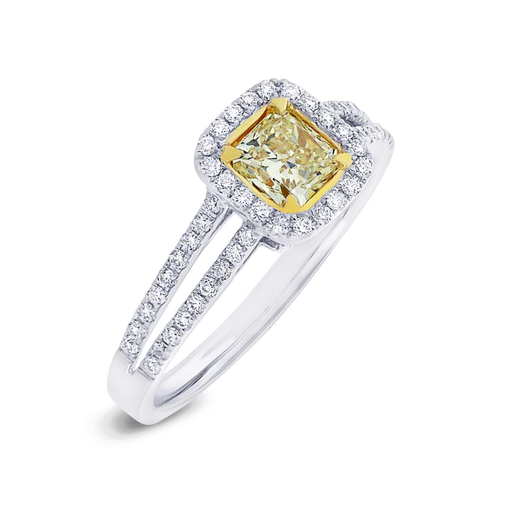 0.60ct Radiant Cut Center and 0.33ct Side 18k Two-tone Gold Natural Yellow Diamond Ring