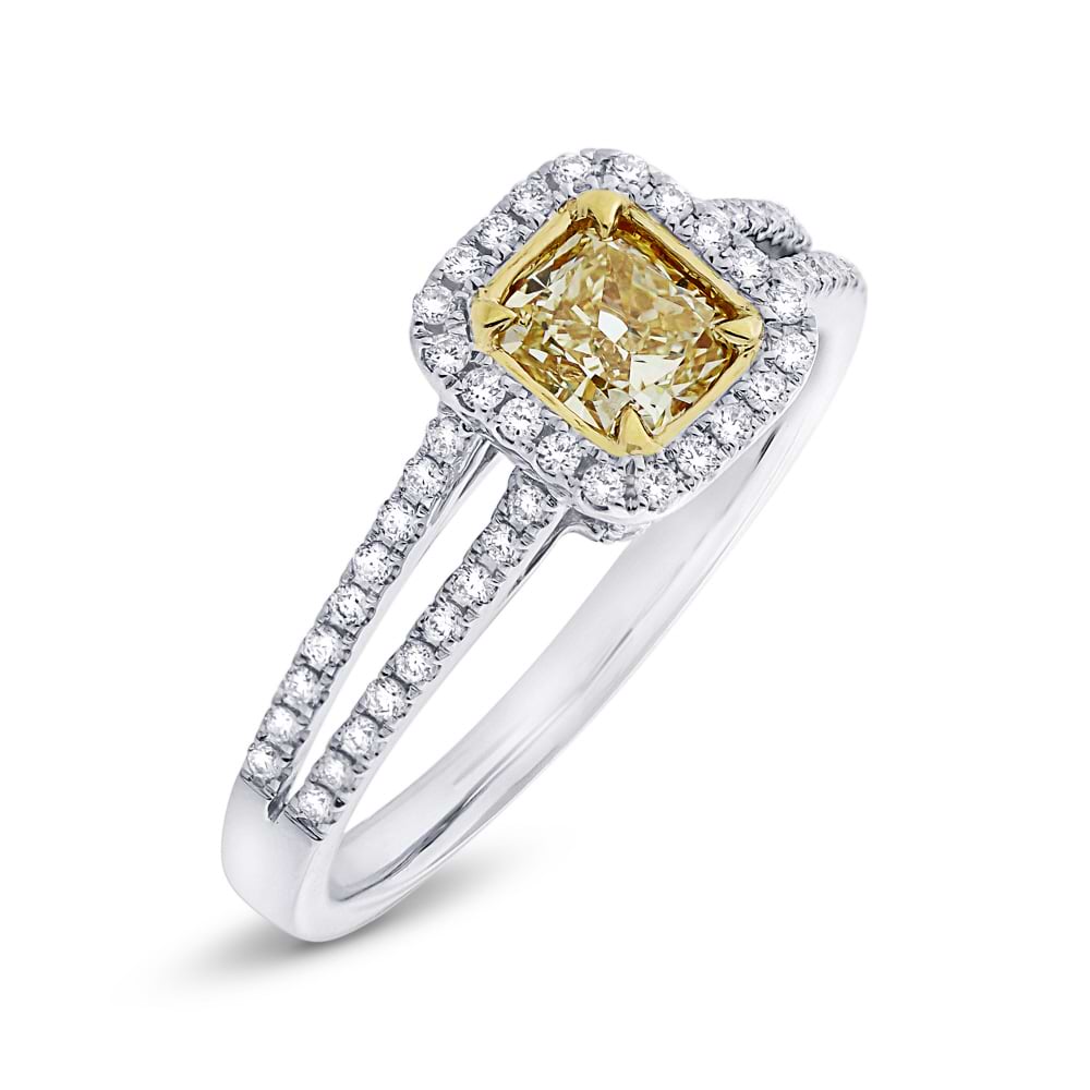 0.61ct Cushion Cut Center and 0.33ct Side 18k Two-tone Gold Natural Yellow Diamond Ring