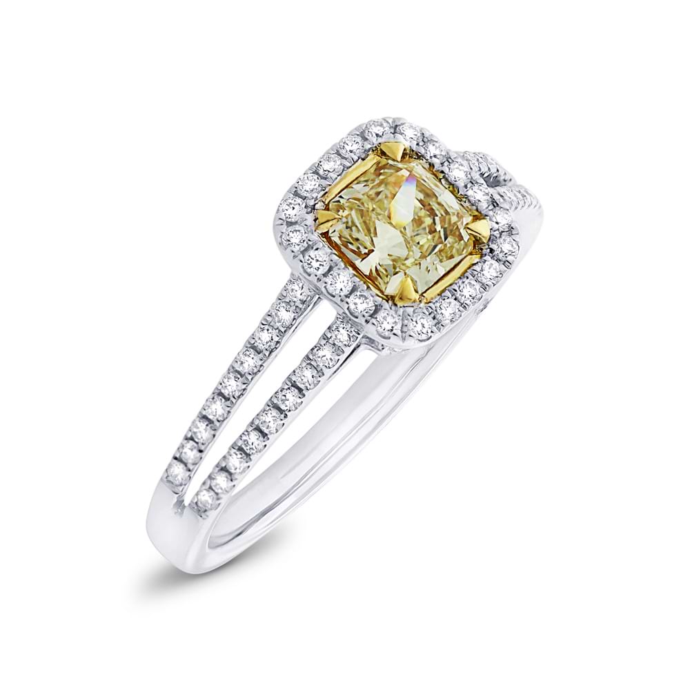 0.58ct Cushion Cut Center and 0.33ct Side 18k Two-tone Gold Natural Yellow Diamond Ring