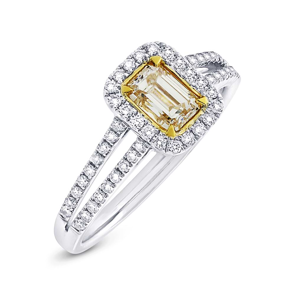 0.60ct Emerald Cut Center and 0.33ct Side 18k Two-tone Gold Natural Yellow Diamond Ring