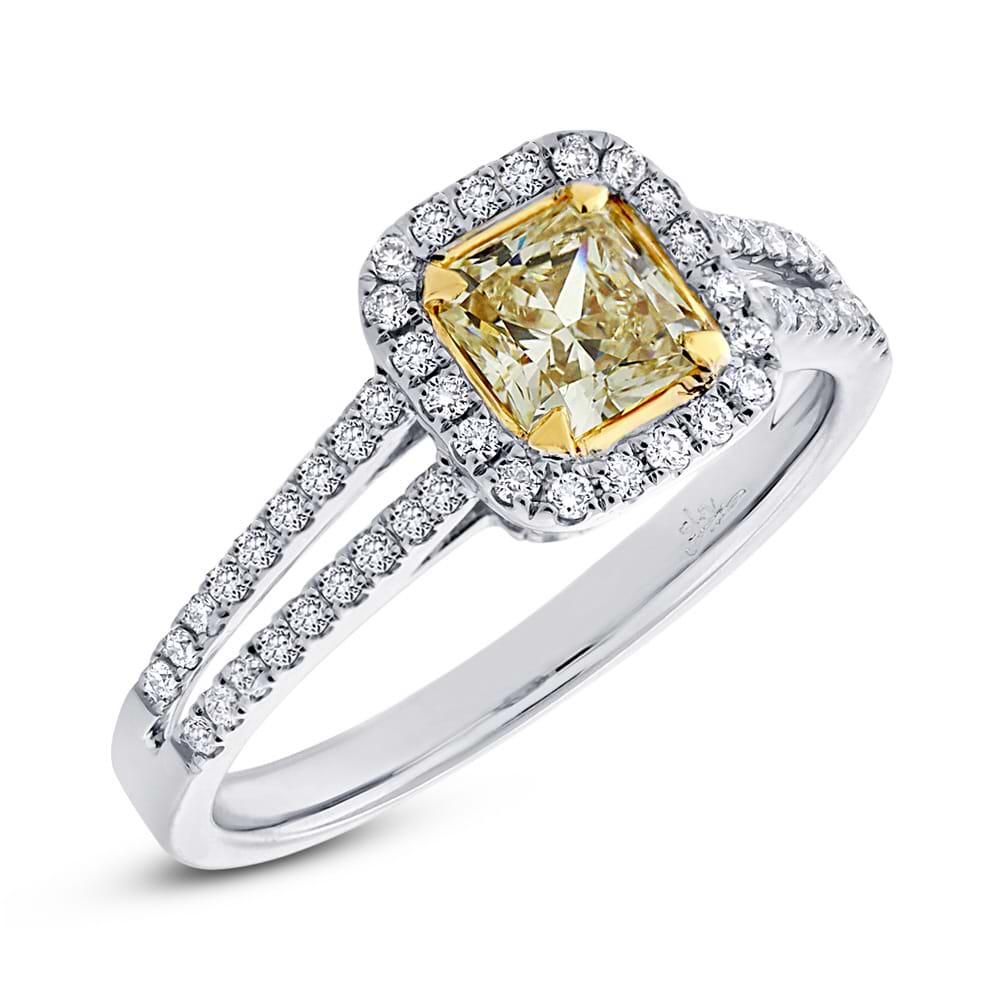 0.67ct Radiant Cut Center and 0.33ct Side 18k Two-tone Gold Natural Yellow Diamond Ring