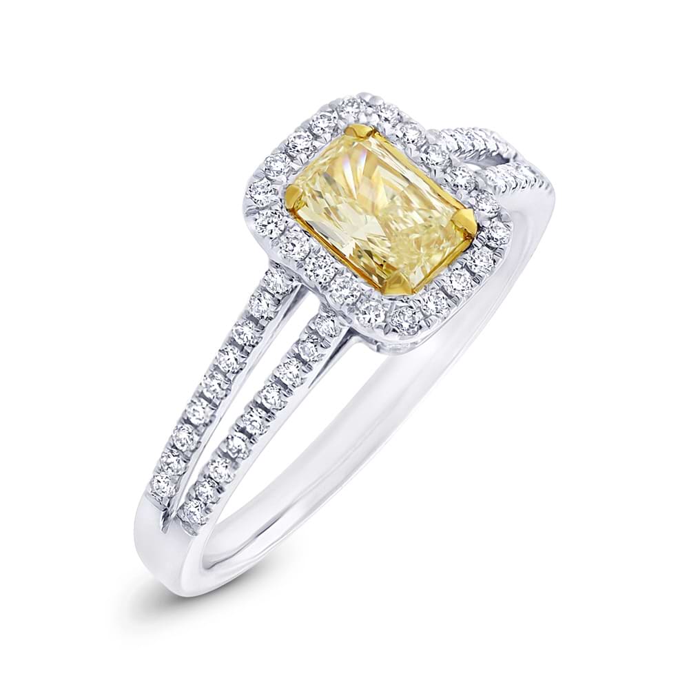 0.56ct Radiant Cut Center and 0.33ct Side 18k Two-tone Gold Natural Yellow Diamond Ring