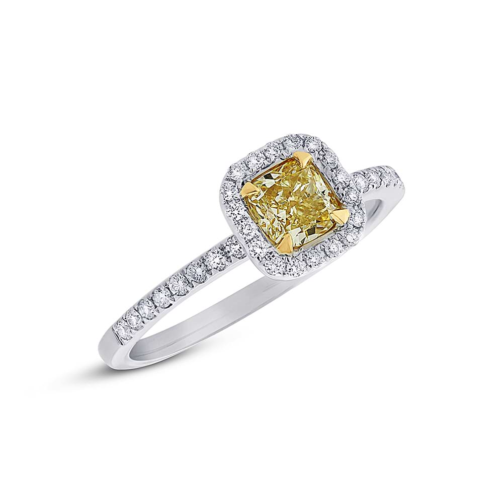0.62ct Cushion Cut Center and 0.22ct Side 18k Two-tone Gold Natural Yellow Diamond Ring
