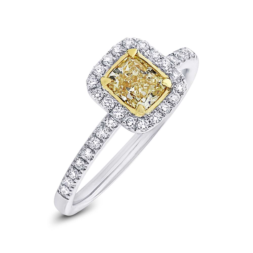 0.63ct Cushion Cut Center and 0.27ct Side 18k Two-tone Gold Natural Yellow Diamond Ring