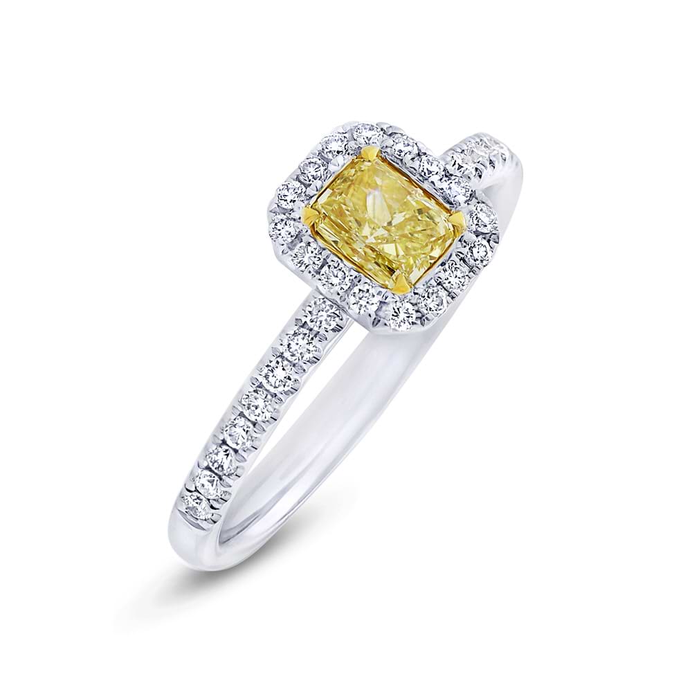 0.43ct Radiant Cut Center and 0.27ct Side 18k Two-tone Gold Natural Yellow Diamond Ring