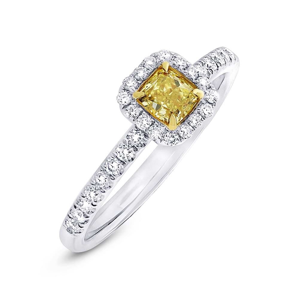 0.43ct Cushion Cut Center and 0.28ct Side 18k Two-tone Gold Natural Yellow Diamond Ring