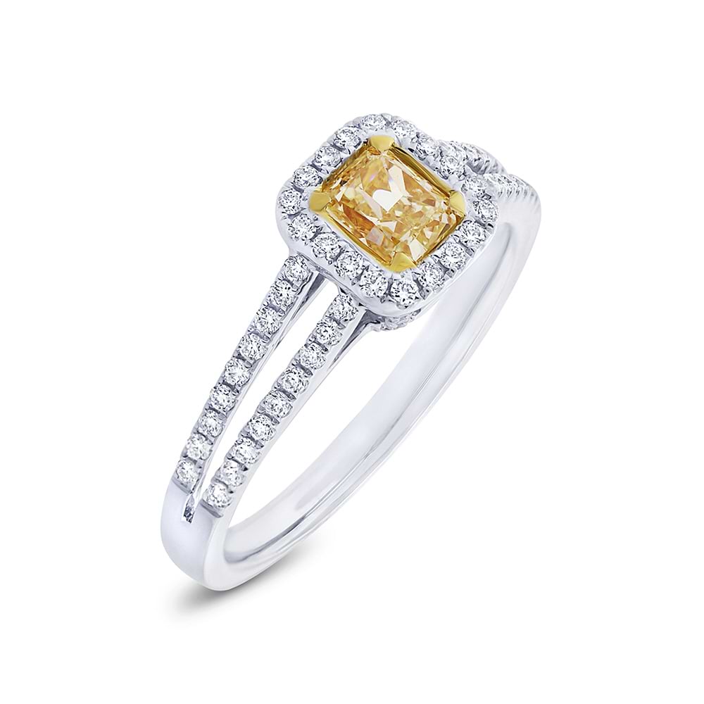 0.51ct Radiant Cut Center and 0.31ct Side 18k Two-tone Gold Natural Yellow Diamond Ring