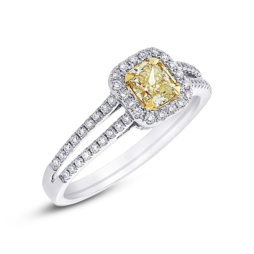 0.53ct Cushion Cut Center and 0.31ct Side 18k Two-tone Gold Natural Yellow Diamond Ring