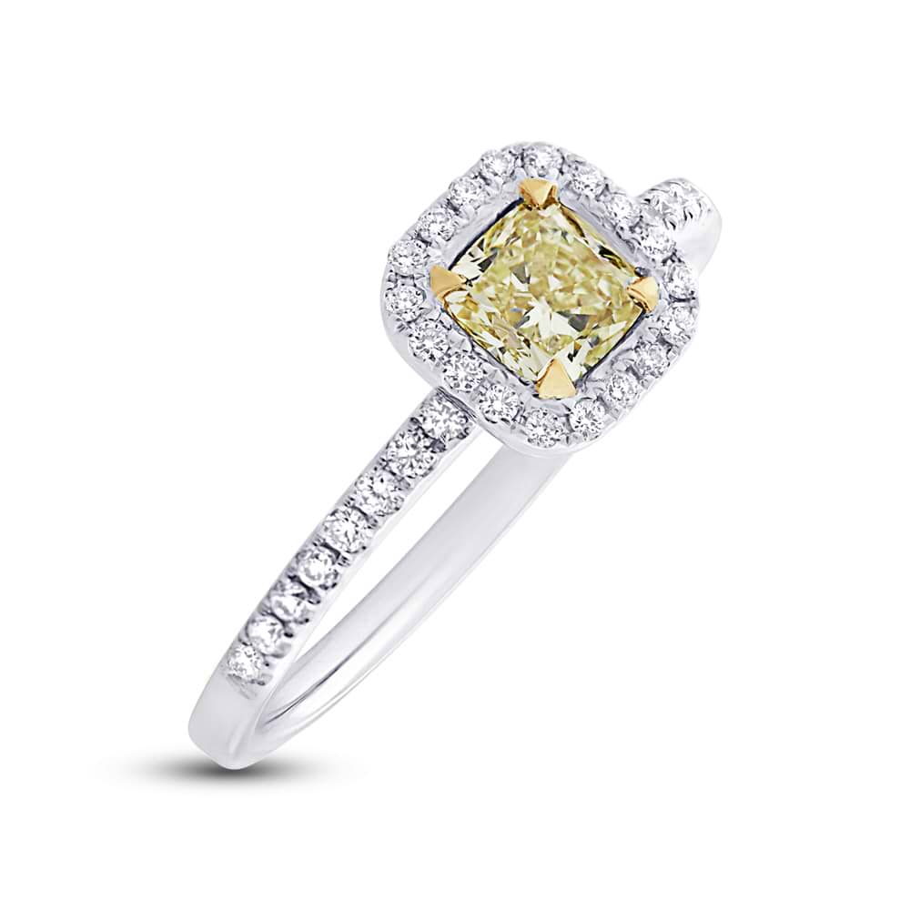 0.55ct Cushion Cut Center and 0.22ct Side 18k Two-tone Gold Natural Yellow Diamond Ring