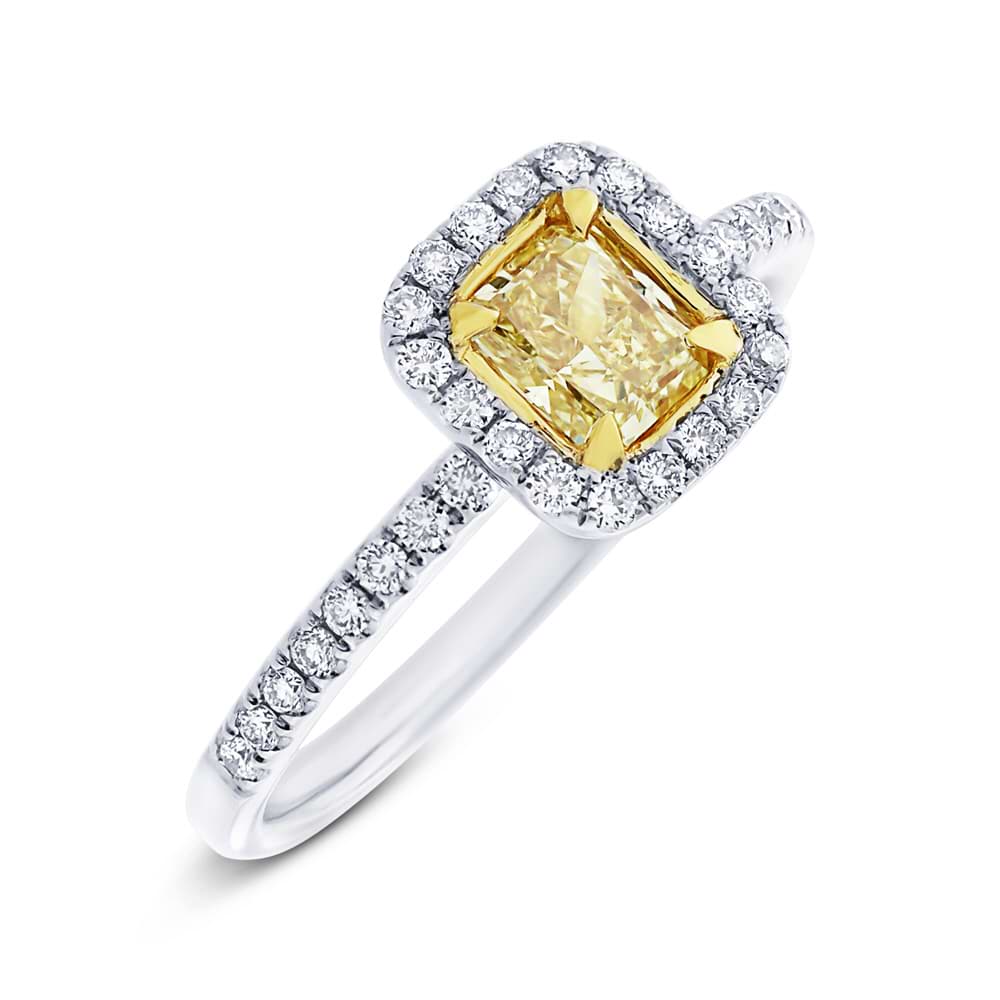 0.55ct Radiant Cut Center and 0.27ct Side 18k Two-tone Gold Natural Yellow Diamond Ring