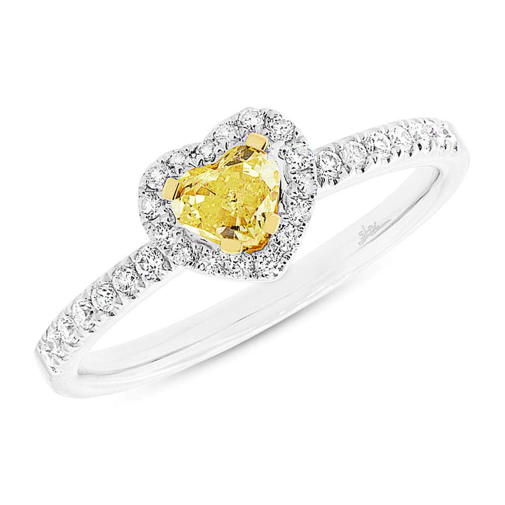 0.41ct Heart Cut Center and 0.25ct Side 18k Two-tone Gold Natural Yellow Diamond Ring