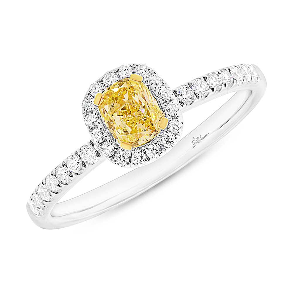 0.46ct Cushion Cut Center and 0.28ct Side 18k Two-tone Gold Natural Yellow Diamond Ring