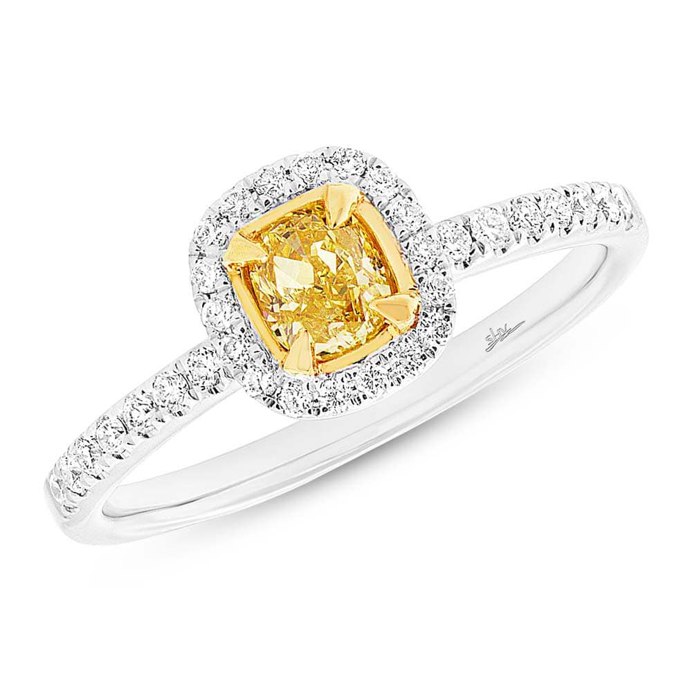 0.41ct Cushion Cut Center and 0.27ct Side 18k Two-tone Gold Natural Yellow Diamond Ring