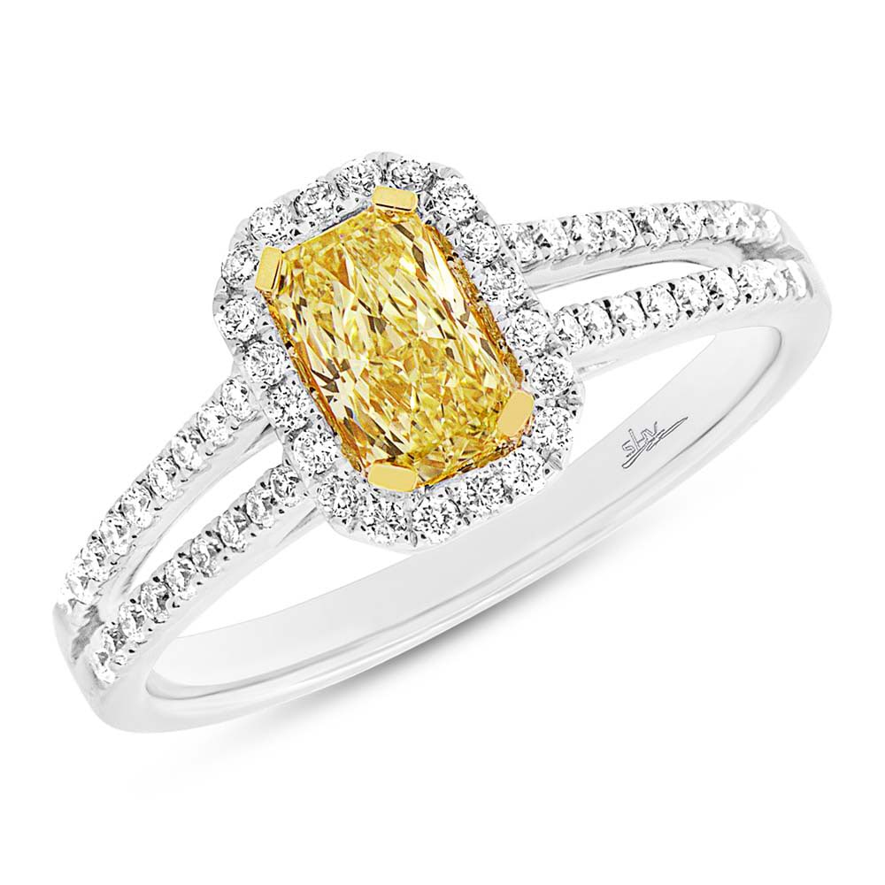 0.58ct Radiant Cut Center and 0.39ct Side 18k Two-tone Gold Natural Yellow Diamond Ring