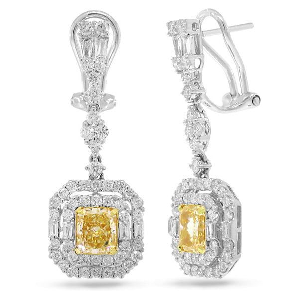 1.53ct Radiant Cut Center And 1.62ct Side 18k Two-tone Gold Gia Certified Natural Yellow Diamond Earrings