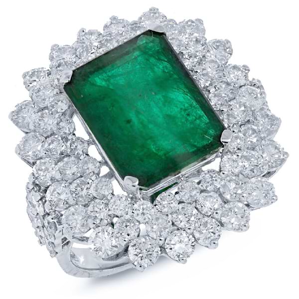 3.29ct Diamond & 5.13ct Emerald 18k White Gold Ring