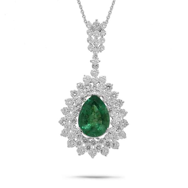 2.76ct Diamond & 3.31ct Emerald 18k White Gold Pendant Necklace
