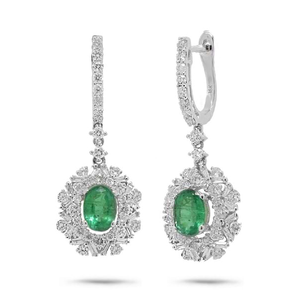 1.69ct Diamond & 1.71ct Emerald 18k White Gold Earrings