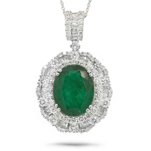 2.47ct Diamond & 6.52ct Emerald 18k White Gold Pendant Necklace