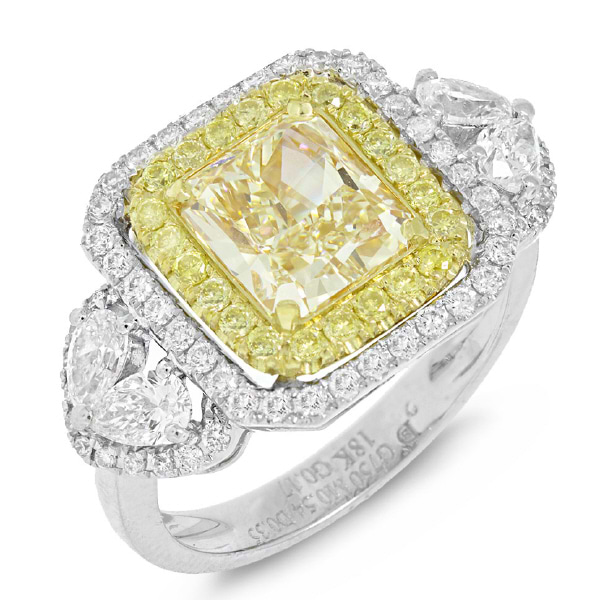 2.30ct Radiant Cut Center and 1.12ct Side 14k Two-tone Gold Natural Yellow Diamond Ring